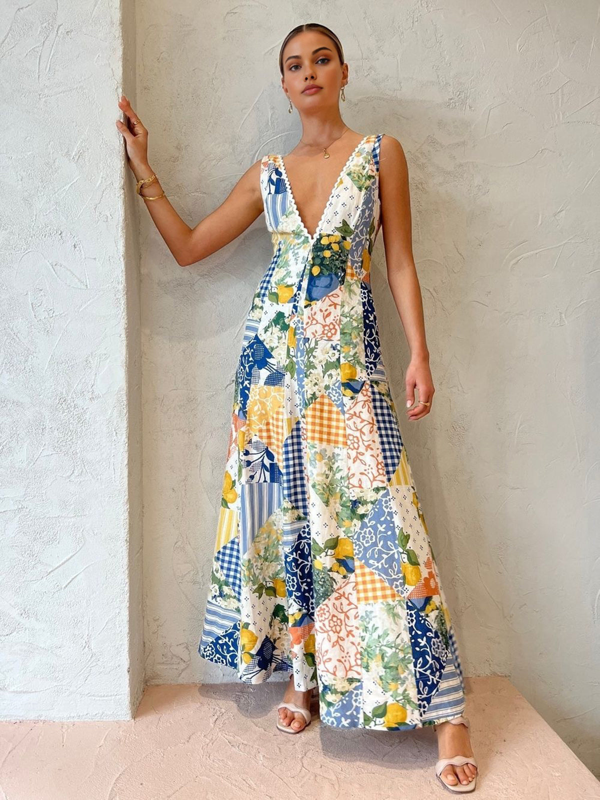 Women’s Maxi Dress | Patchwork Boho V-Neck