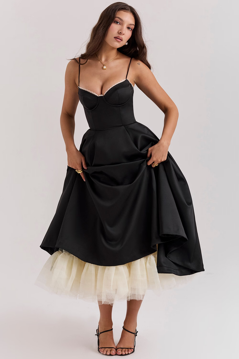 Solid Colour Midi Dress with Corset Bodice