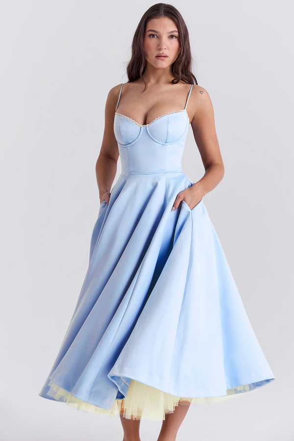Solid Colour Midi Dress with Corset Bodice