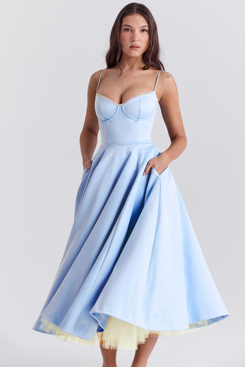 Solid Colour Midi Dress with Corset Bodice