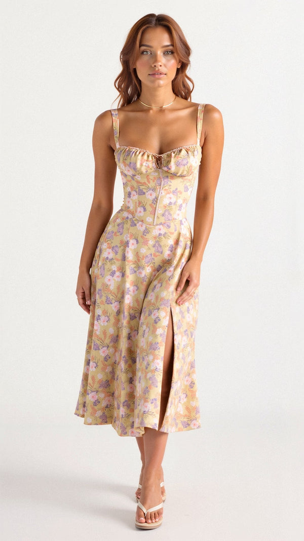 Floral Midi Dress with Corset Bodice
