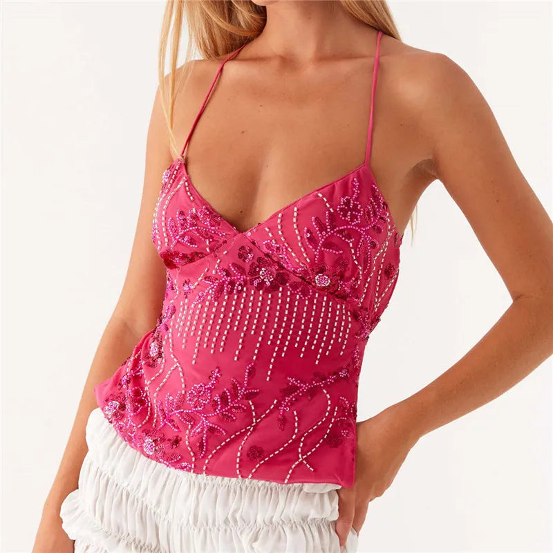 Women’s Crop Top | Sequin Halter V-Neck