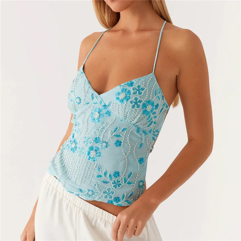 Women’s Crop Top | Sequin Halter V-Neck