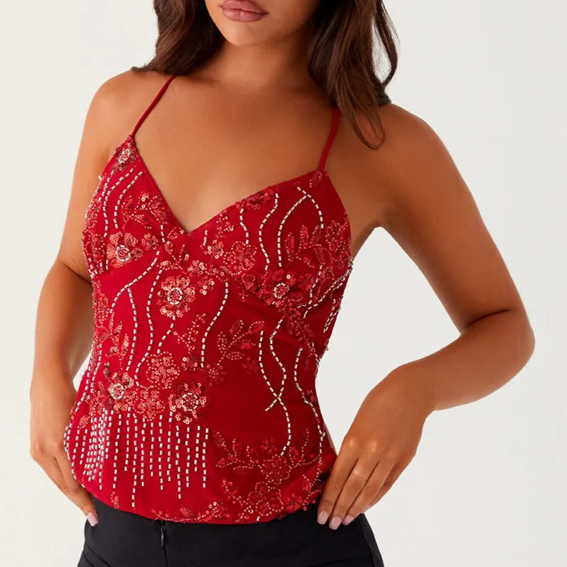 Women’s Crop Top | Sequin Halter V-Neck