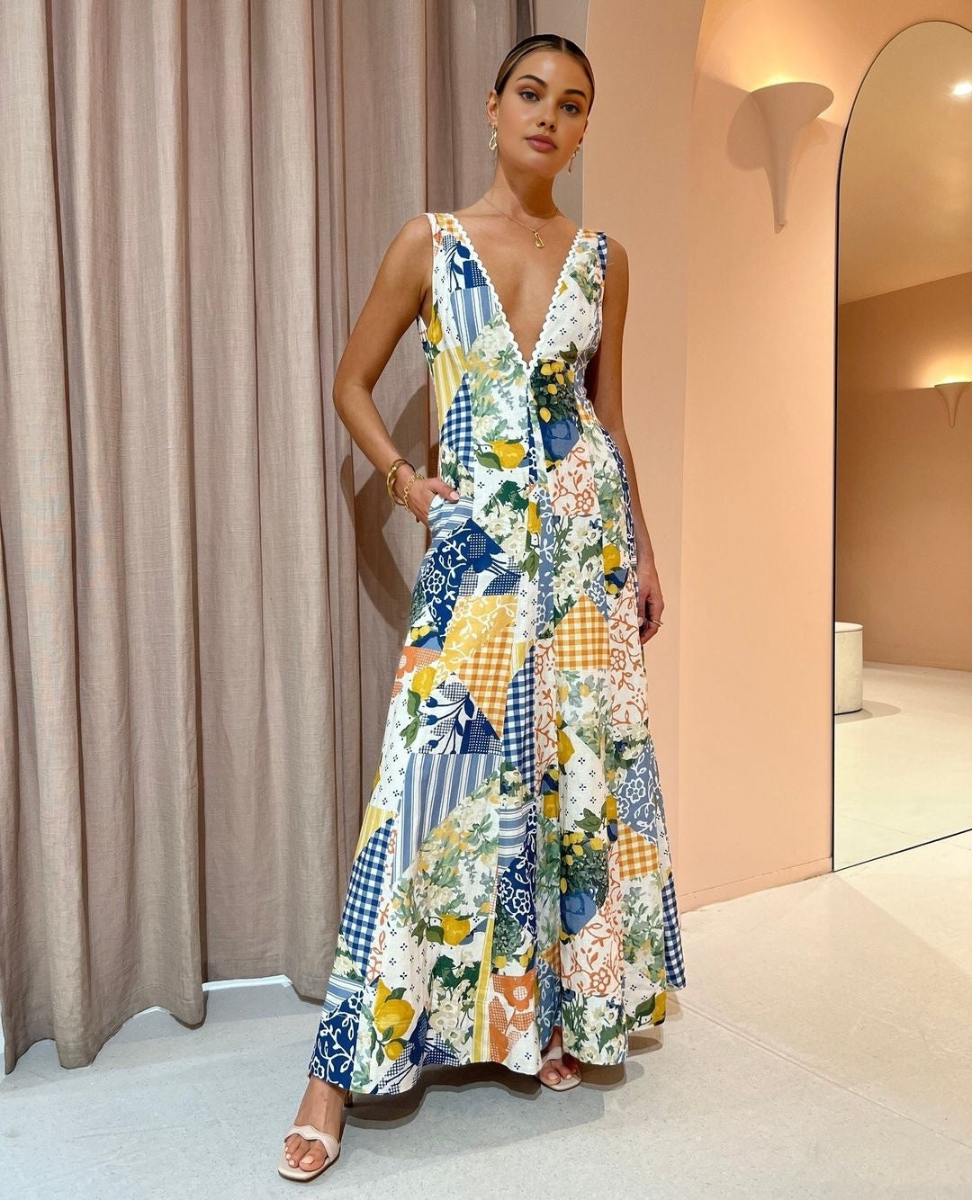 Women’s Maxi Dress | Patchwork Boho V-Neck
