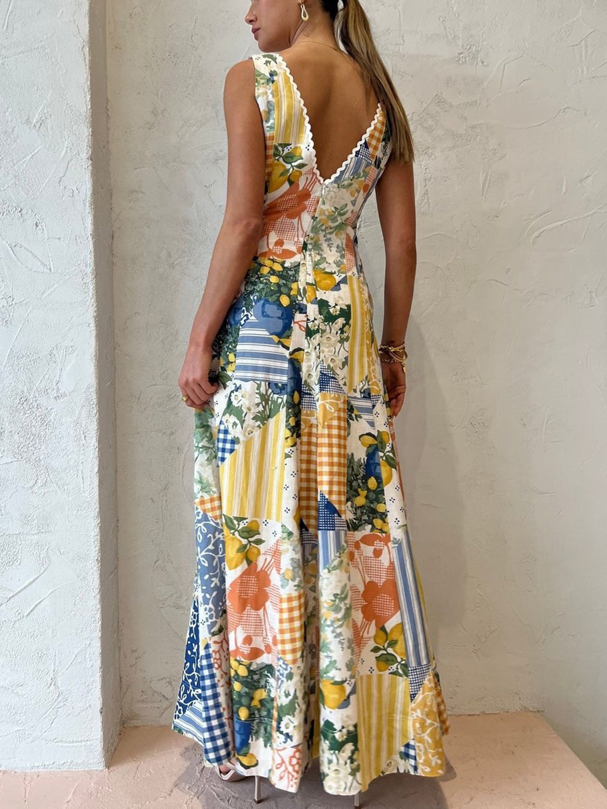 Women’s Maxi Dress | Patchwork Boho V-Neck