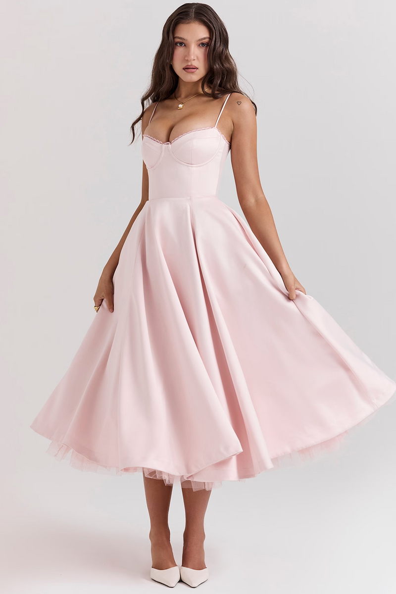 Solid Colour Midi Dress with Corset Bodice