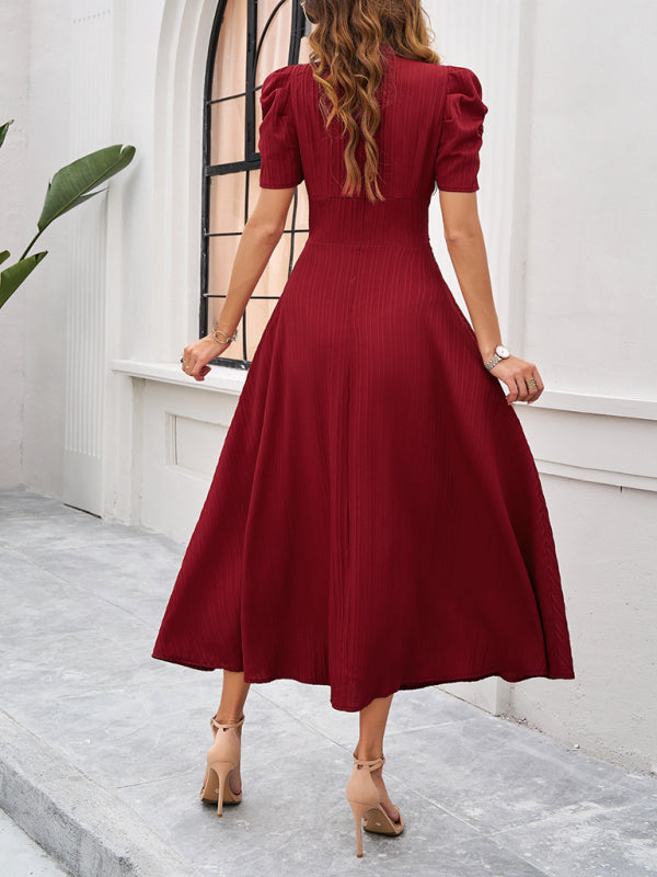 V-Neck Midi Dress with Puff Sleeves