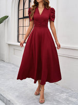 V-Neck Midi Dress with Puff Sleeves