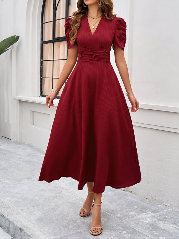 V-Neck Midi Dress with Puff Sleeves