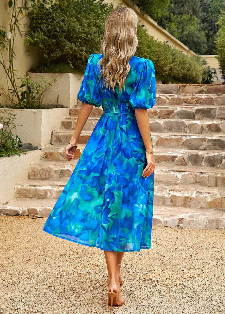 Women’s Midi Dress | Floral V-Neck Puff Sleeves