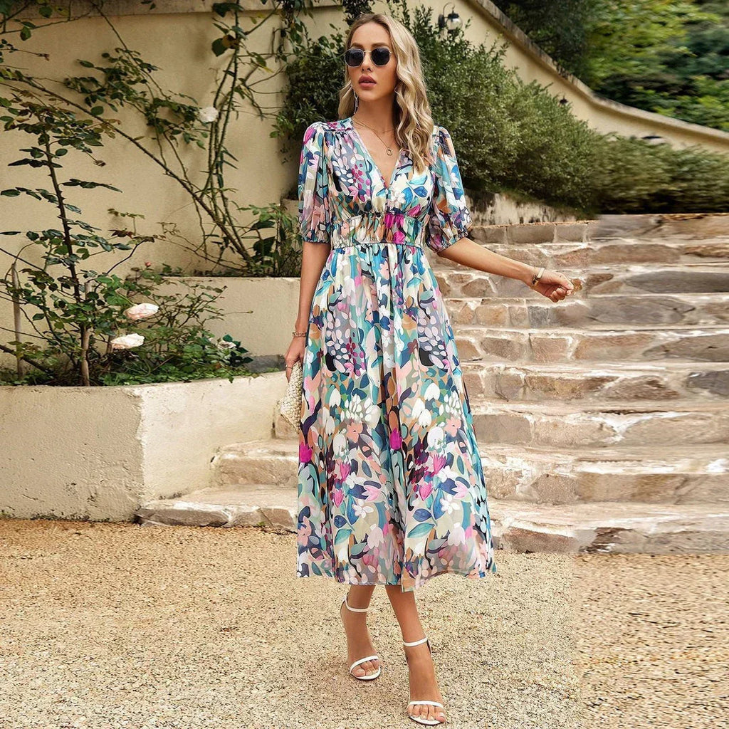 Women’s Midi Dress | Floral V-Neck Puff Sleeves