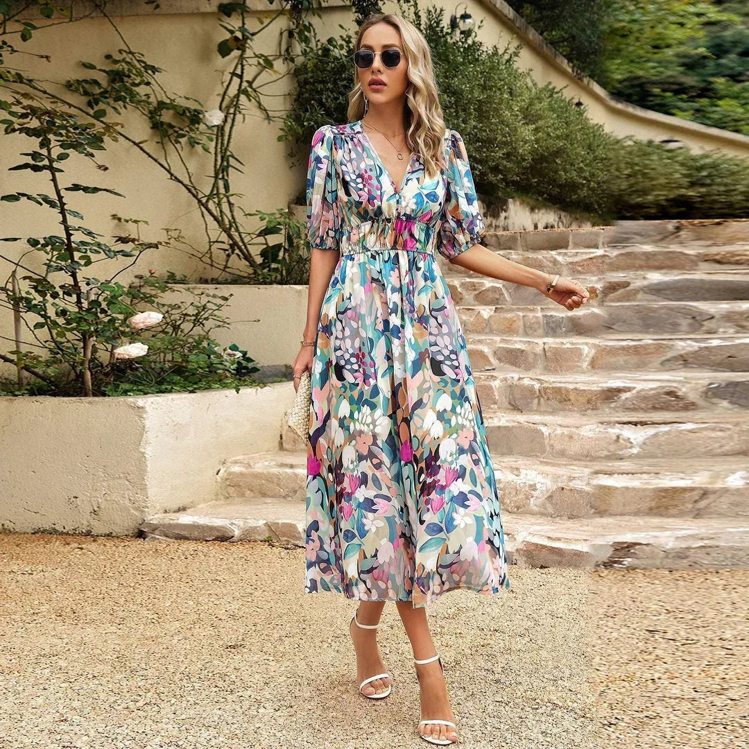 Women’s Midi Dress | Floral V-Neck Puff Sleeves