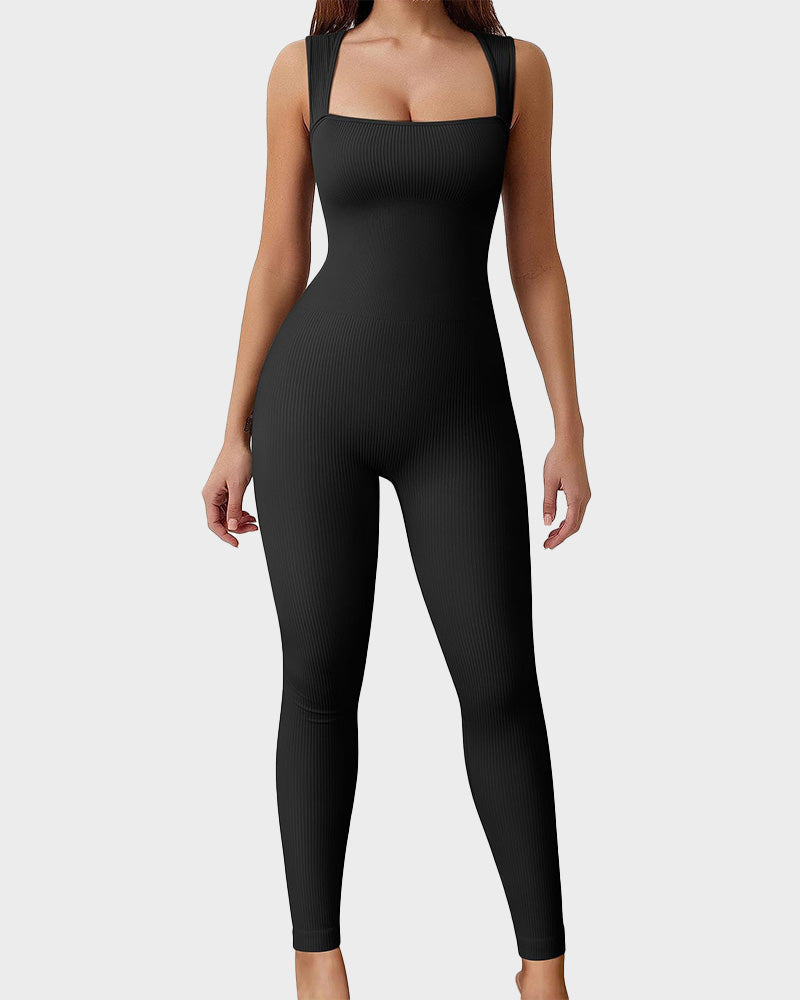 Ribbed Square Neck Sleeveless Workout Jumpsuit