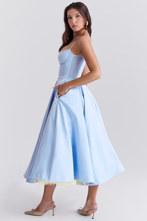Solid Colour Midi Dress with Corset Bodice