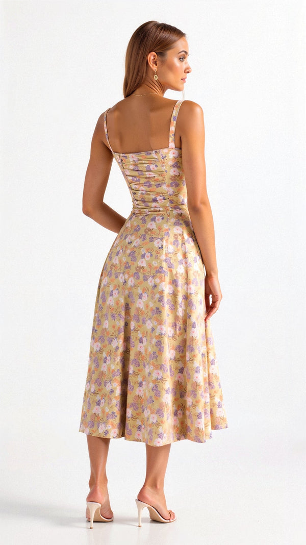 Floral Midi Dress with Corset Bodice