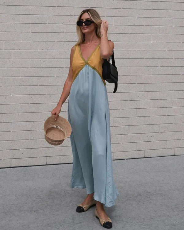 Women’s Midi Dress | V-Neck Contrast Panel
