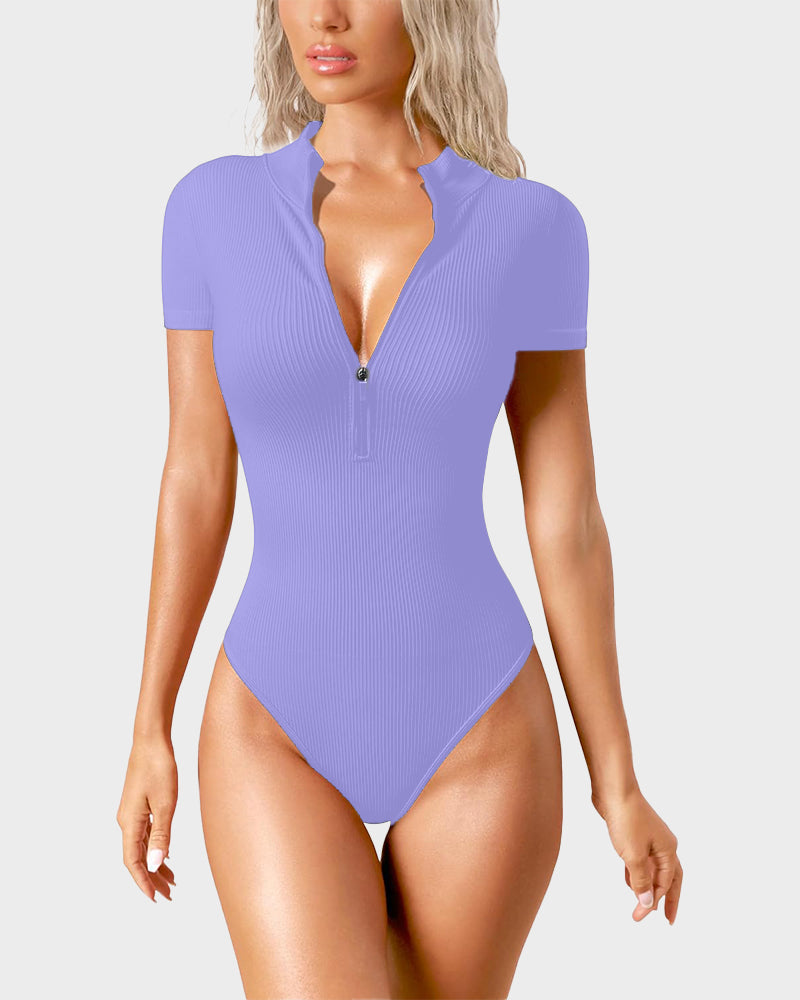 Ribbed Short Sleeve Half-Zip Sculpting Bodysuit