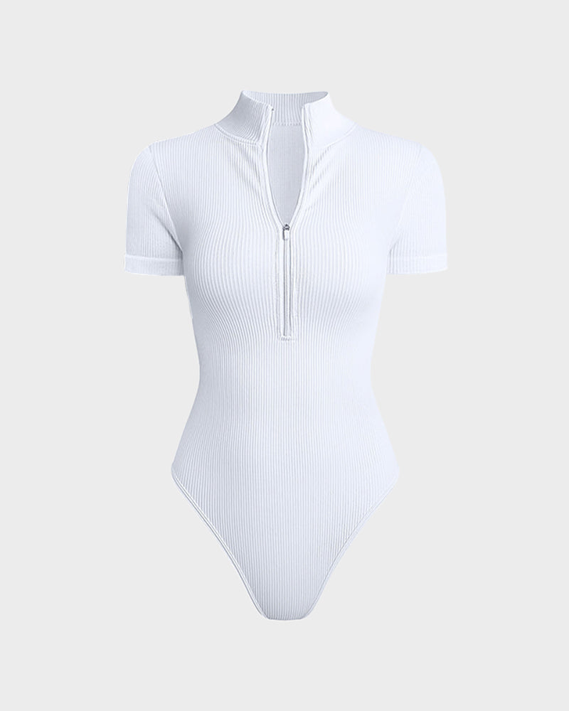 Ribbed Short Sleeve Half-Zip Sculpting Bodysuit