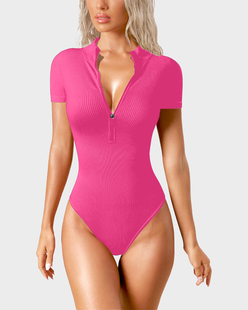 Ribbed Short Sleeve Half-Zip Sculpting Bodysuit